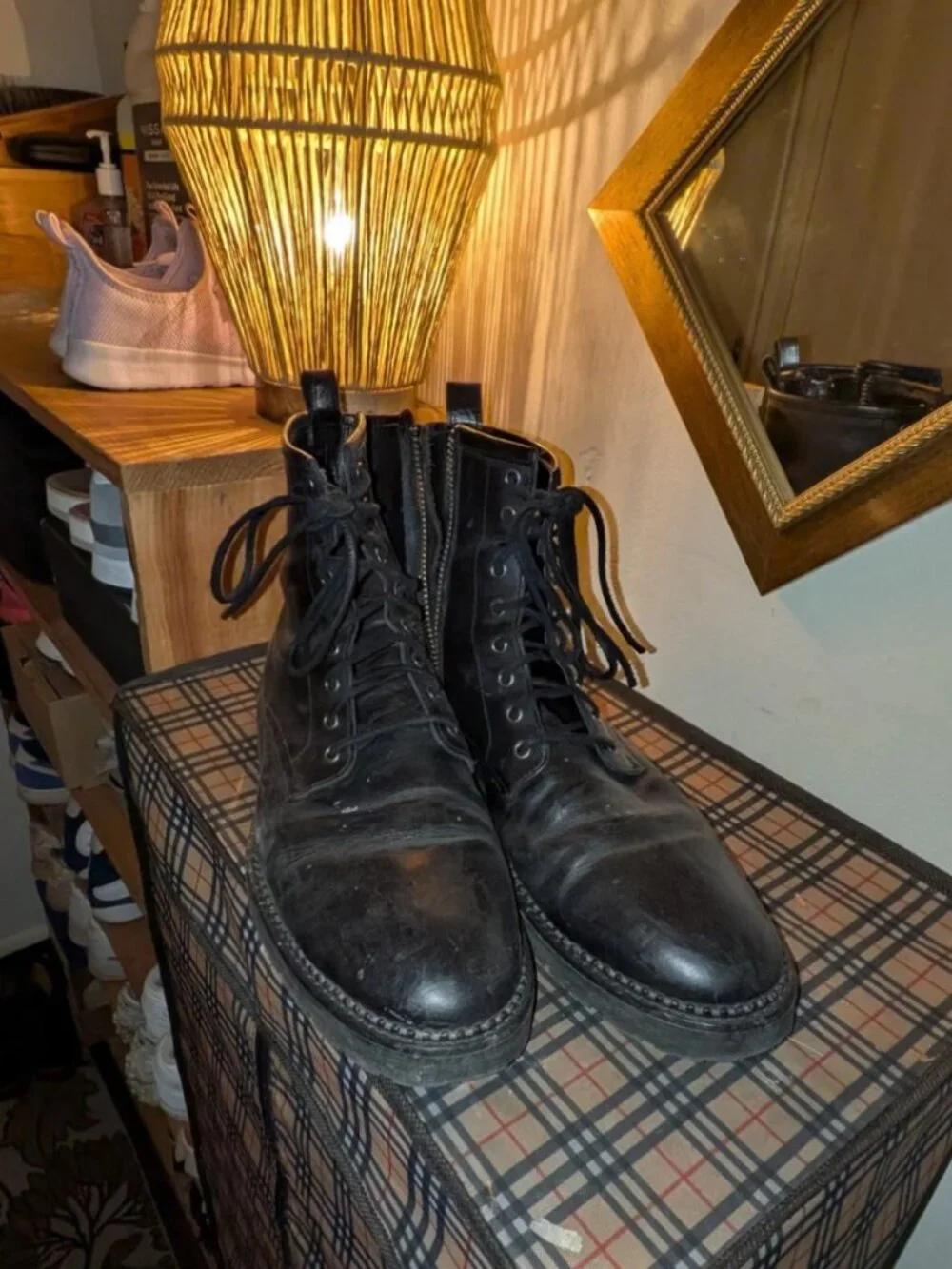 Allsaints Men's Black Leather Lace-Up Combat Boots Side Zip Size 12